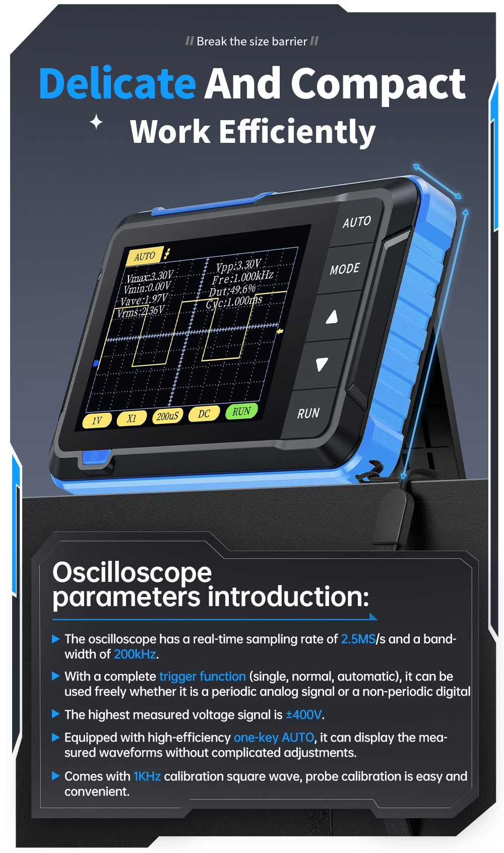 FNIRSI DSO152 Mini Handheld Digital Oscilloscope with P6100 High Voltage Probe, 2.5MSa/s Sampling Rate, 200KHz Bandwidth - Blue
