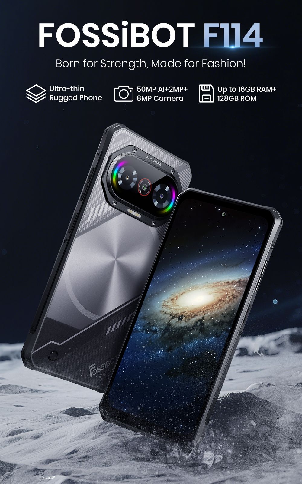 FOSSiBOT F114 Rugged Smartphone, 6.67-palcový, 4GB +128GB, Android 15, 50MP fotoaparát, 5000mAh batéria, IP68/IP69K, NFC/Face ID/GPS, čierny