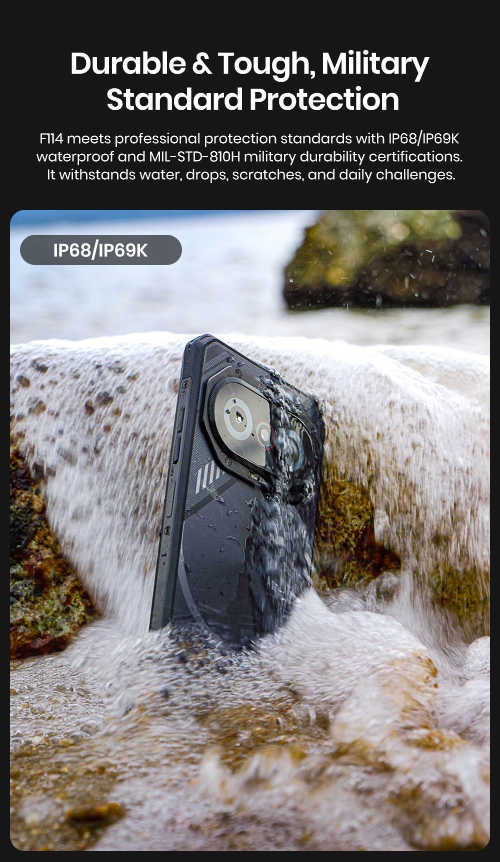 FOSSiBOT F114 Rugged Smartphone, 6.67-palcový, 4GB +128GB, Android 15, 50MP fotoaparát, 5000mAh batéria, IP68/IP69K, NFC/Face ID/GPS, čierny