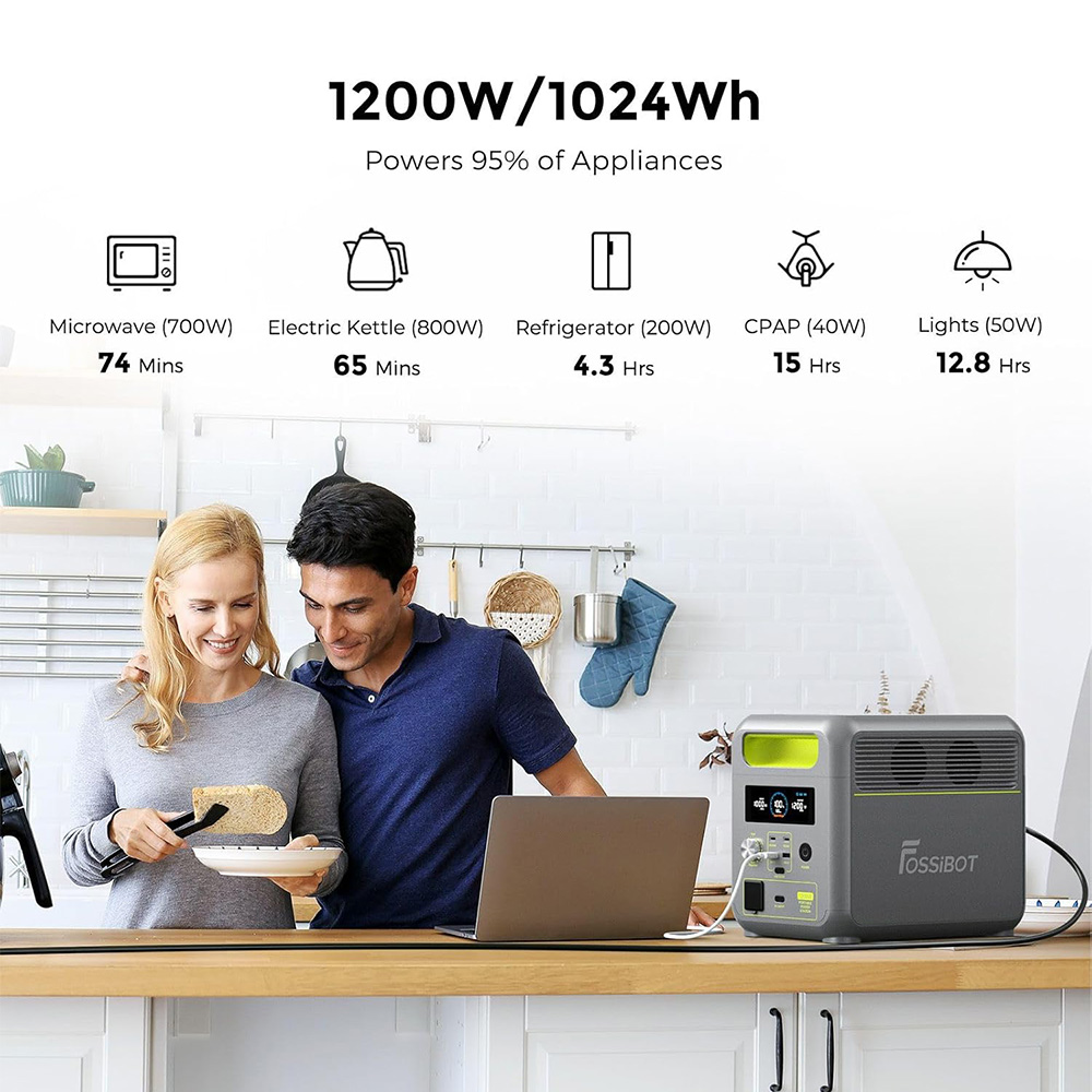 FOSSiBOT F1200 Portable Power Station, 1024Wh LiFePO4 Solar Generator with 2x AC 1200W, 2x USB-A, 1x Type-C PD 20W and 1x PD 100W Ports