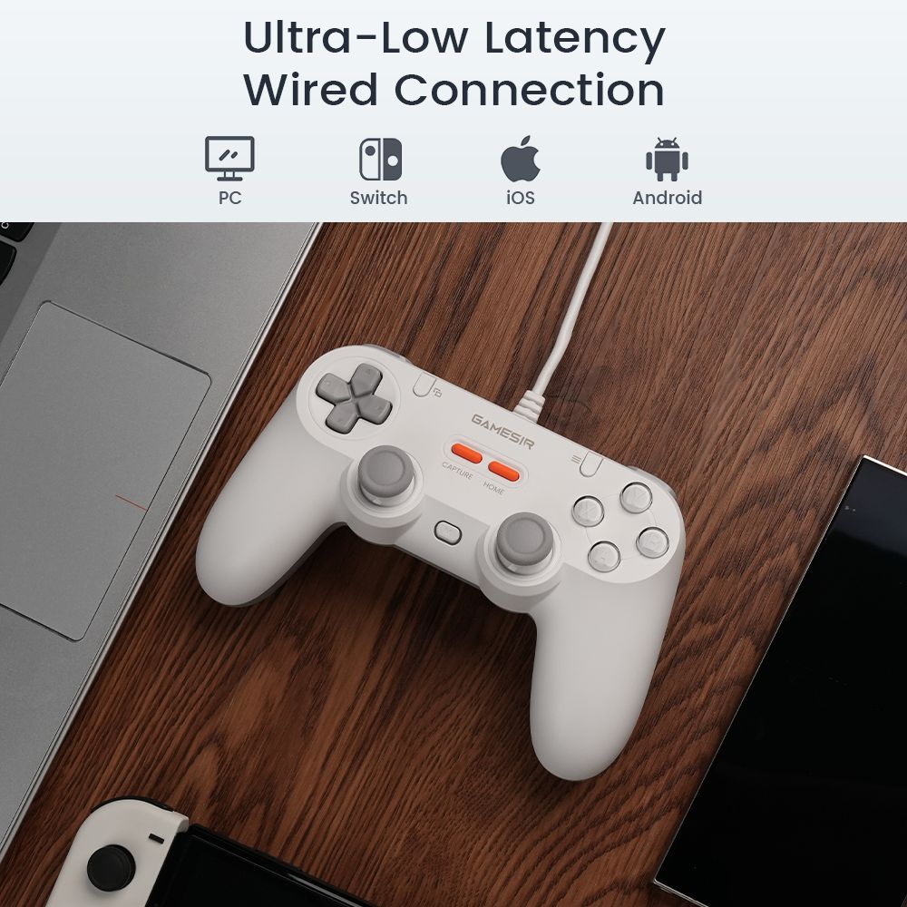 GameSir T3 Lite Tegenaria Lite Wired Symmetric Game Controller, Wired 1000Hz Polling Rate, Dual Vibration, Hall Effect Sticks and 2 Remappable Buttons, Turbo, PC Controller for Steam/Android/iOS/Switch - Serene White