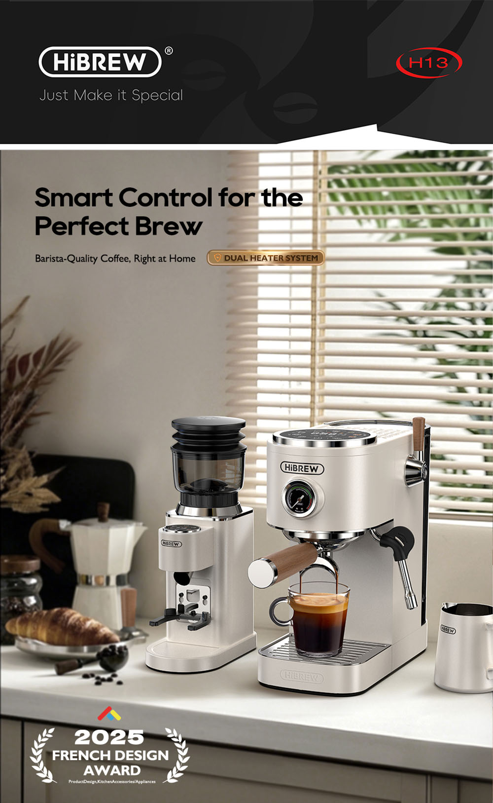 HiBREW H13 Poloautomatický kávovar, dotykový displej, tlak 20 barov, multifunkčné režimy varenia, nastaviteľný odkvapkávač