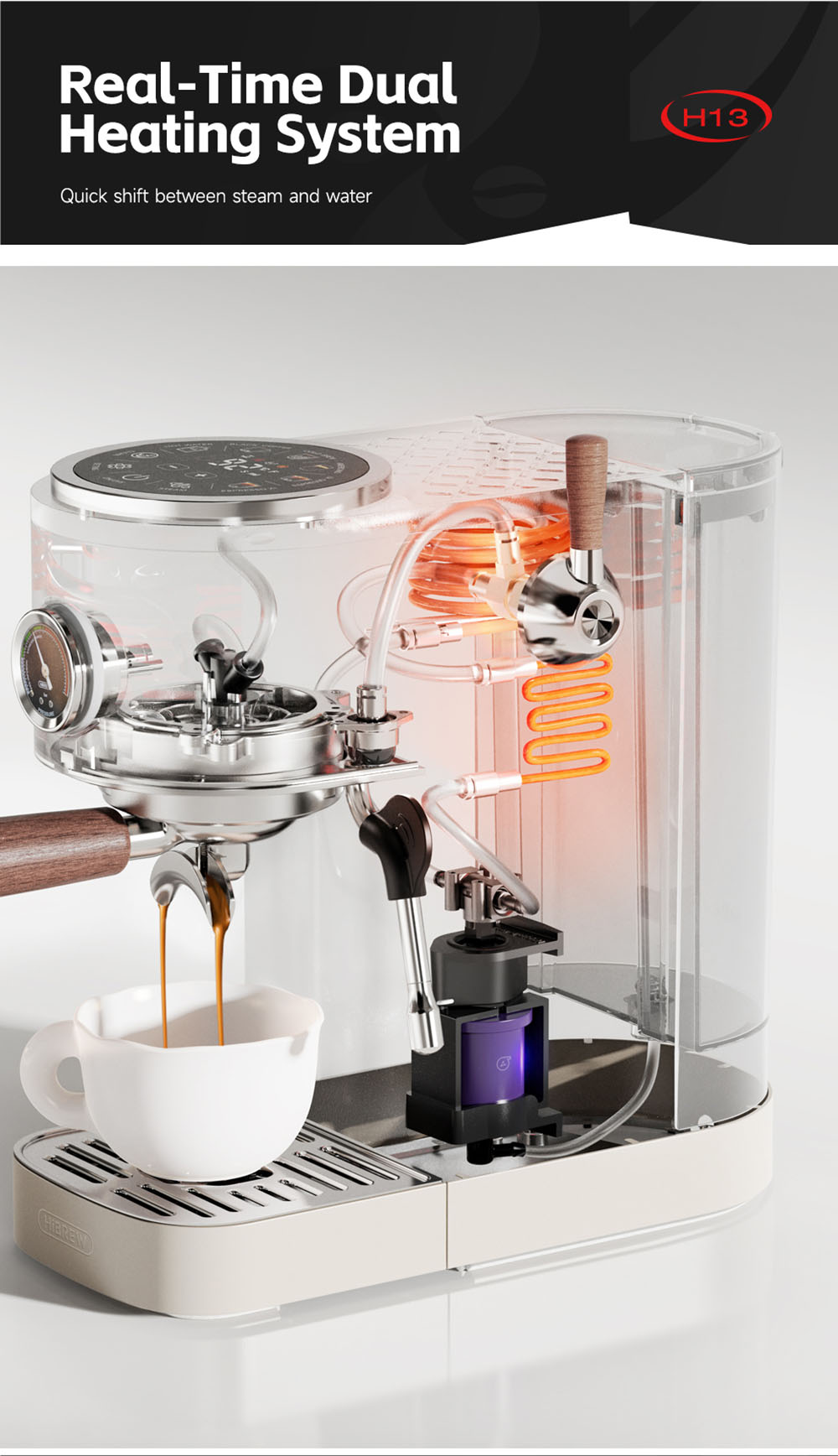 HiBREW H13 Poloautomatický kávovar, dotykový displej, tlak 20 barov, multifunkčné režimy varenia, nastaviteľný odkvapkávač