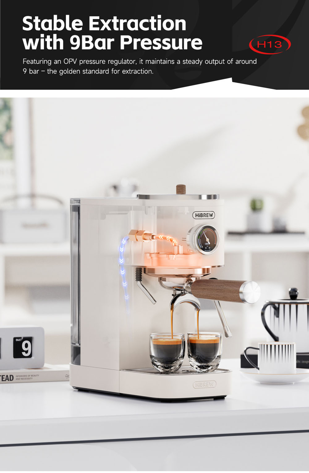 HiBREW H13 Poloautomatický kávovar, dotykový displej, tlak 20 barov, multifunkčné režimy varenia, nastaviteľný odkvapkávač