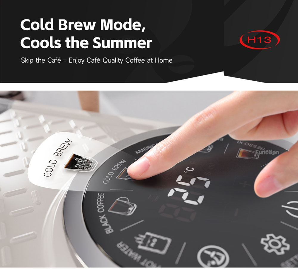 HiBREW H13 Poloautomatický kávovar, dotykový displej, tlak 20 barov, multifunkčné režimy varenia, nastaviteľný odkvapkávač