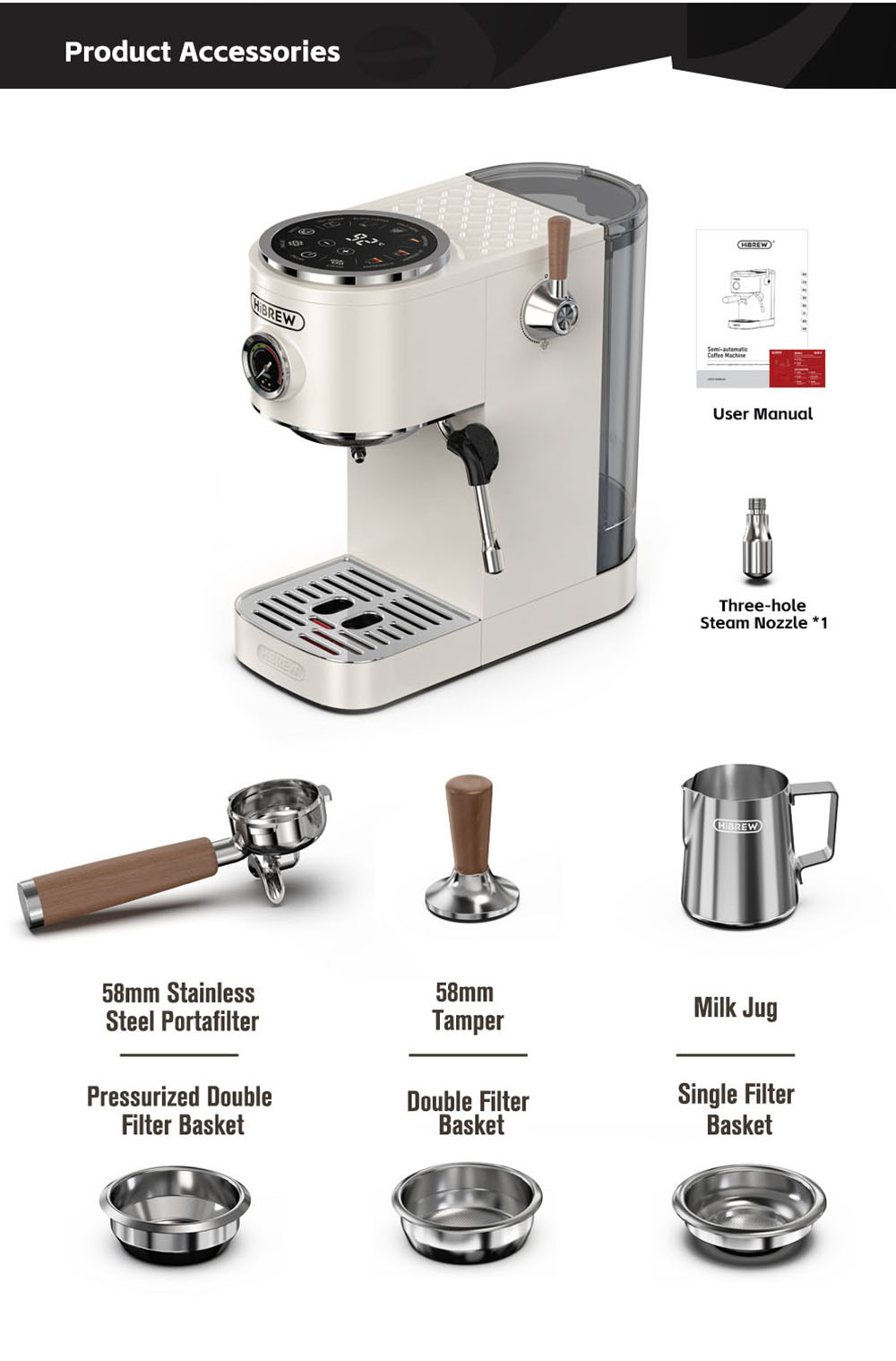 HiBREW H13 Poloautomatický kávovar, dotykový displej, tlak 20 barov, multifunkčné režimy varenia, nastaviteľný odkvapkávač