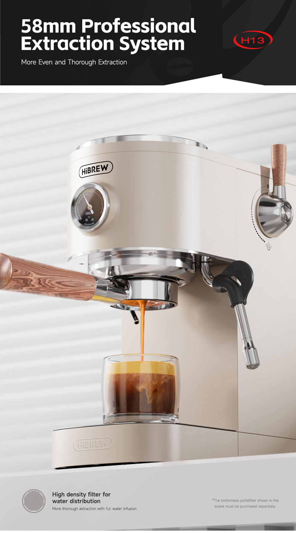 HiBREW H13 Poloautomatický kávovar, dotykový displej, tlak 20 barov, multifunkčné režimy varenia, nastaviteľný odkvapkávač