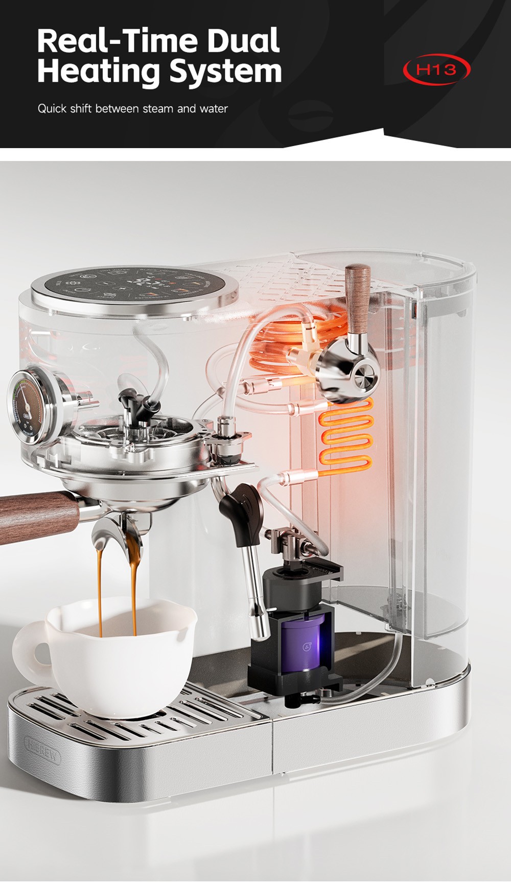 HiBREW H13 Poloautomatický kávovar, dotykový displej, tlak 20 barov, multifunkčné režimy varenia, nastaviteľný odkvapkávač - strieborný