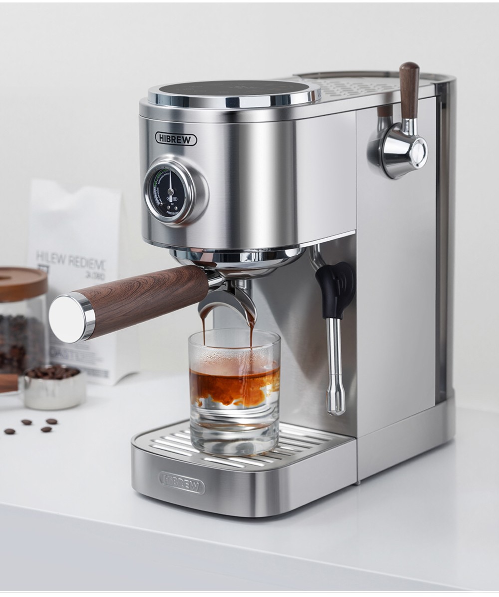 HiBREW H13 Poloautomatický kávovar, dotykový displej, tlak 20 barov, multifunkčné režimy varenia, nastaviteľný odkvapkávač - strieborný