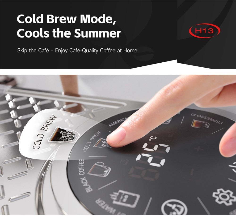 HiBREW H13 Poloautomatický kávovar, dotykový displej, tlak 20 barov, multifunkčné režimy varenia, nastaviteľný odkvapkávač - strieborný