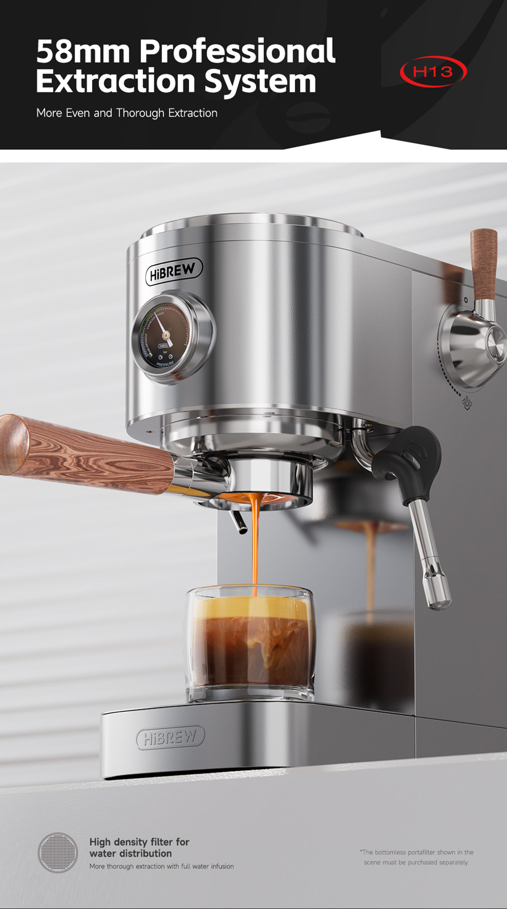 HiBREW H13 Poloautomatický kávovar, dotykový displej, tlak 20 barov, multifunkčné režimy varenia, nastaviteľný odkvapkávač - strieborný