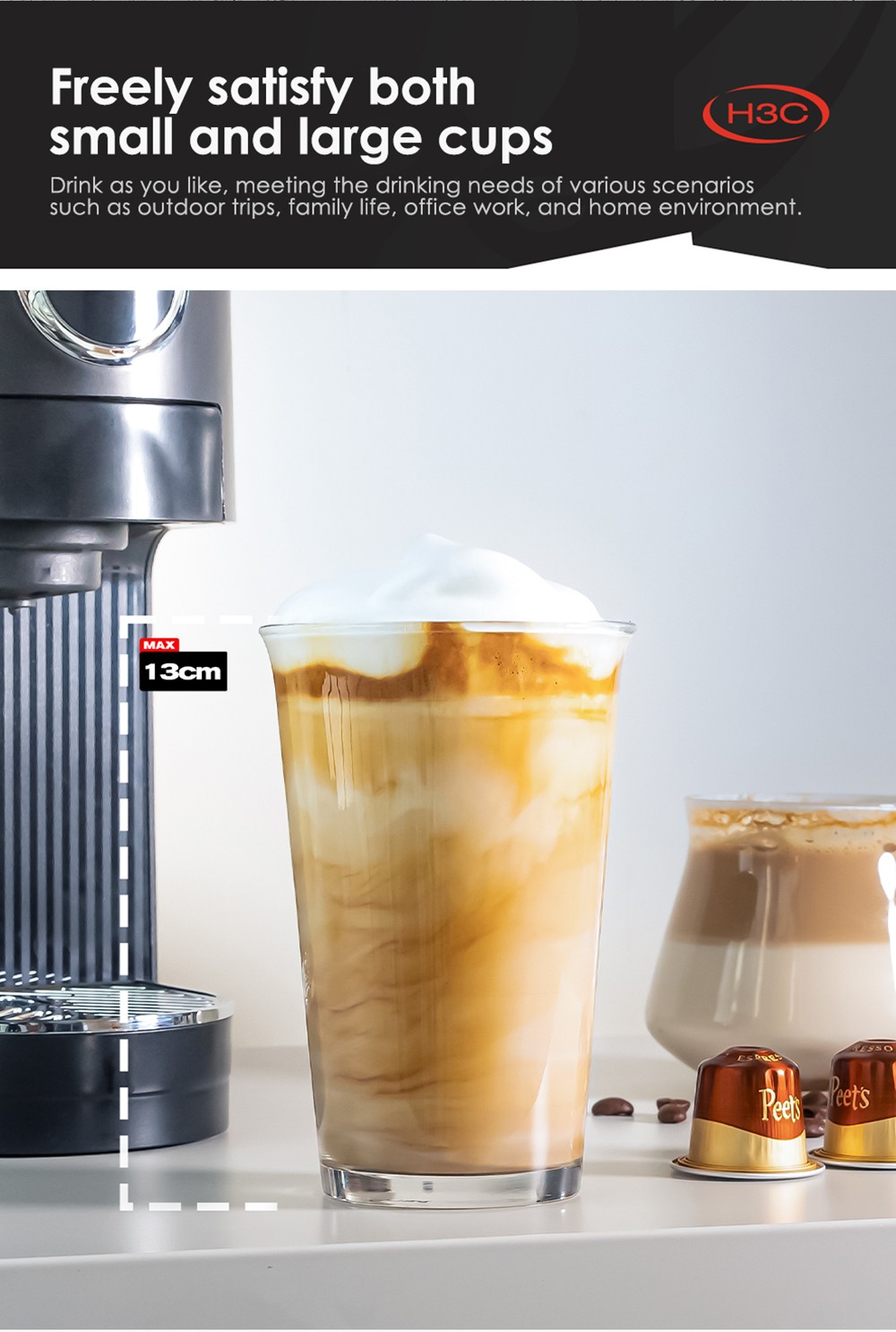 Kávovar na kapsule HiBREW H3C 3-in-1, 20Bar čerpadlo, horúce/studené varenie, 7-stupňová regulácia teploty, 1.4L nádrž na vodu, pre DG/NS kapsule a mletú kávu - čierny