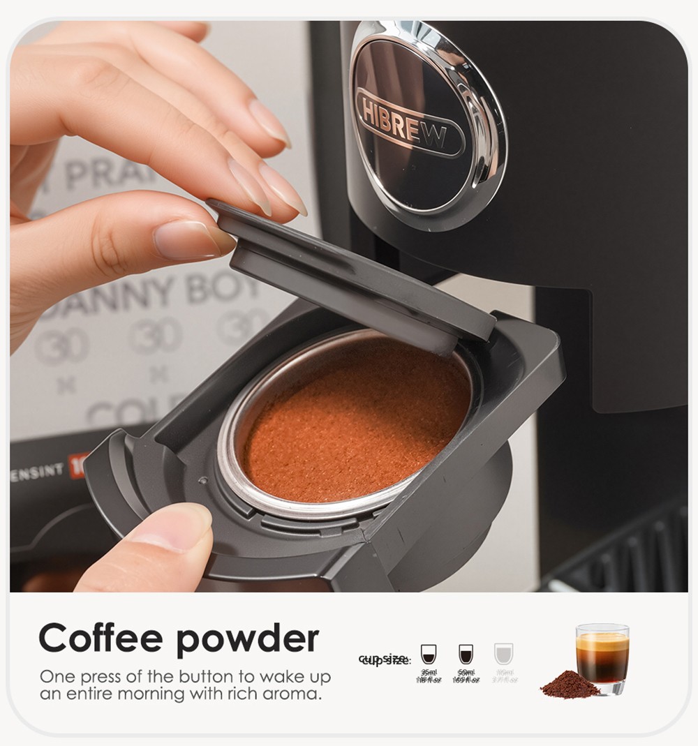 HiBREW H3C 3-v-1 kávovar na kapsule, 20Bar čerpadlo, horúce/studené varenie, 7-stupňová regulácia teploty, 1.4L nádrž na vodu, pre DG/NS kapsule a mletú kávu - čierna