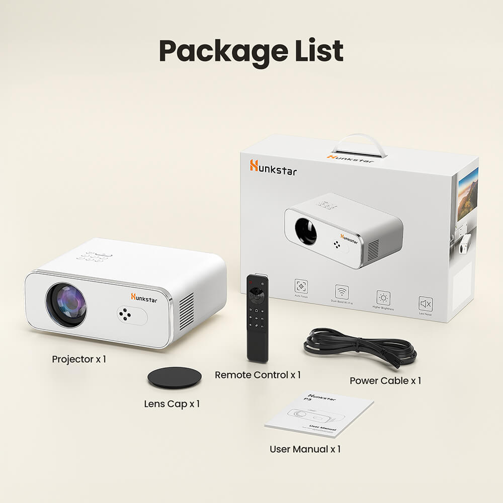 Refurbished Hunkstar P3 Projector AOSP with Bluetooth 5.0, WiFi 6, 1000 ANSI, Native 1080P, 4K Decoding Support, Auto Keystone Correction, Auto Focus, 2*5W Audio (EU Plug)