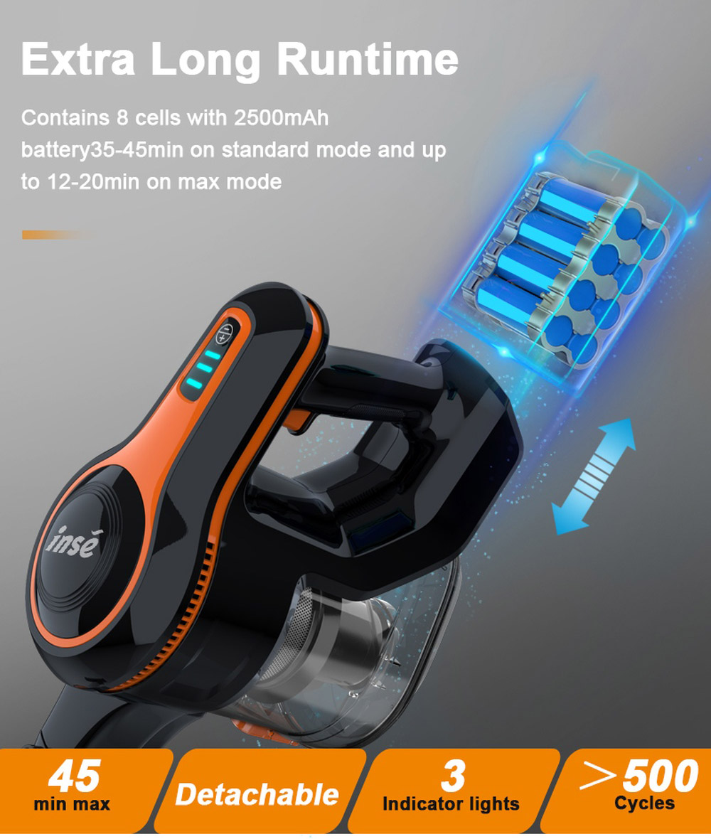INSE S600 Cordless Stick Vacuum, 25kPa Suction, 40min Runtime, LED Light