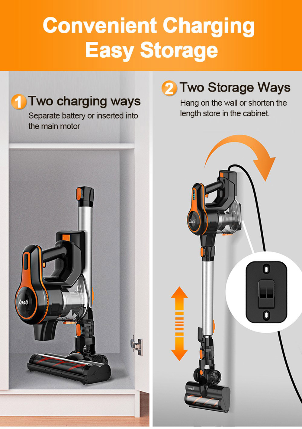 INSE S600 Cordless Stick Vacuum, 25kPa Suction, 40min Runtime, LED Light