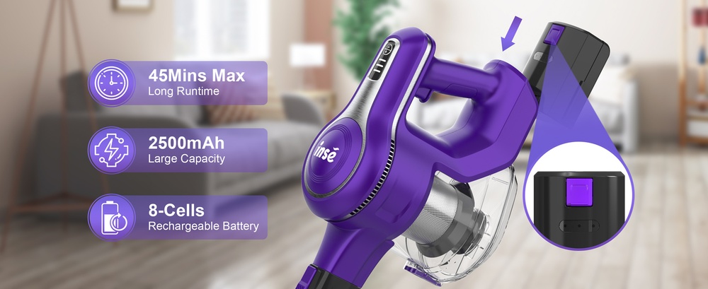 INSE S62 Cordless Stick Vacuum, 30kPa 300W Suction, 45min Runttime, LED Light