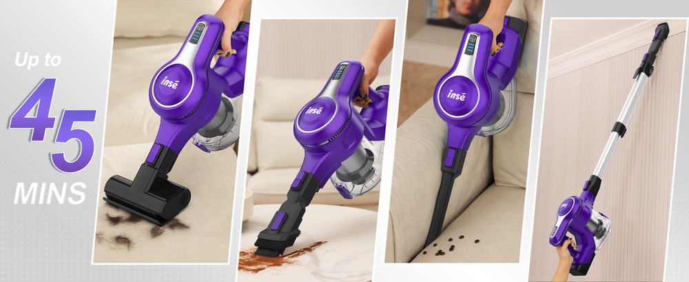 INSE S62 Cordless Stick Vacuum, 30kPa 300W Suction, 45min Runttime, LED Light