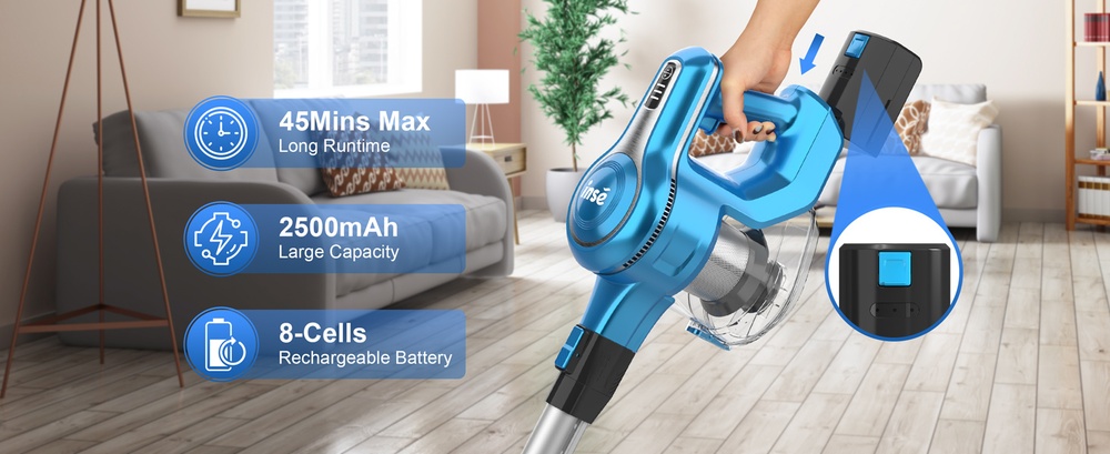 INSE S62 Cordless Stick Vacuum, 30kPa Powerful Suction, 45 Min Runtime, LED Headlights, 5-Stage HEPA