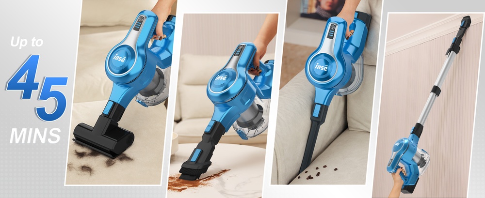 INSE S62 Cordless Stick Vacuum, 30kPa Powerful Suction, 45 Min Runtime, LED Headlights, 5-Stage HEPA