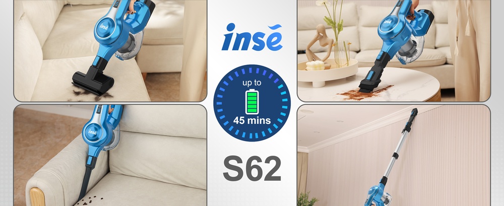 INSE S62 Cordless Stick Vacuum, 30kPa Powerful Suction, 45 Min Runtime, LED Headlights, 5-Stage HEPA
