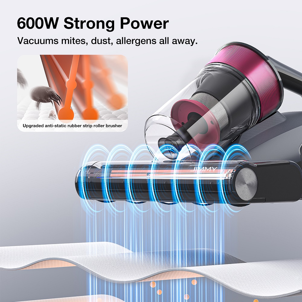 Refurbished JIMMY BX8 Mattress Vacuum Cleaner, with UV Light, 600W Powerful Suction, Ultrasound, Hot Wind Technology, LED Screen and Smart Dust Sensor, Gray - EU Plug