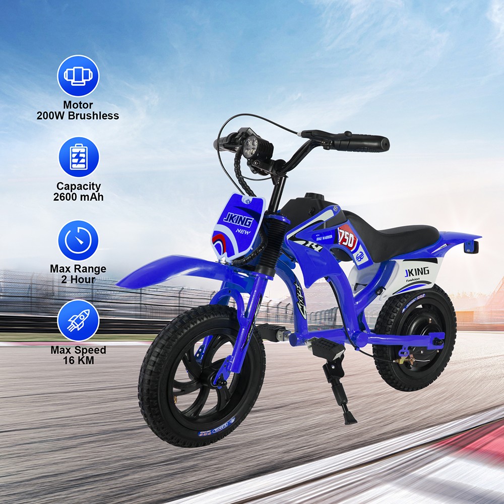 JKING C6 Elektrická motorka pre deti, 200W motor, 2600mAh nabíjateľná batéria, 12 palcové pneumatiky, max. rýchlosť 16 km/h, 2 hodiny výdrže, dojazd 12 km - modrá