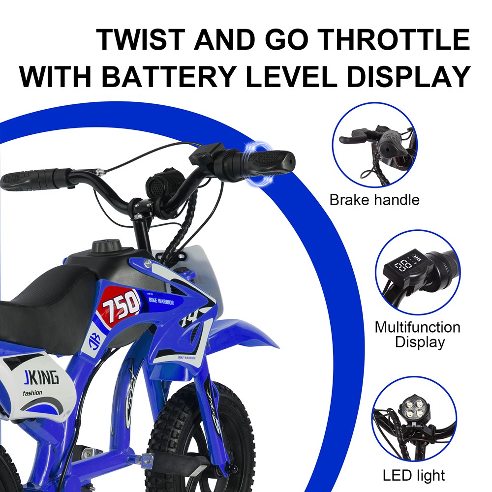 JKING C6 Elektrická motorka pre deti, 200W motor, 2600mAh nabíjateľná batéria, 12-palcové pneumatiky, max. rýchlosť 16 km/h, 2 hodiny výdrže, dojazd 12 km - modrá