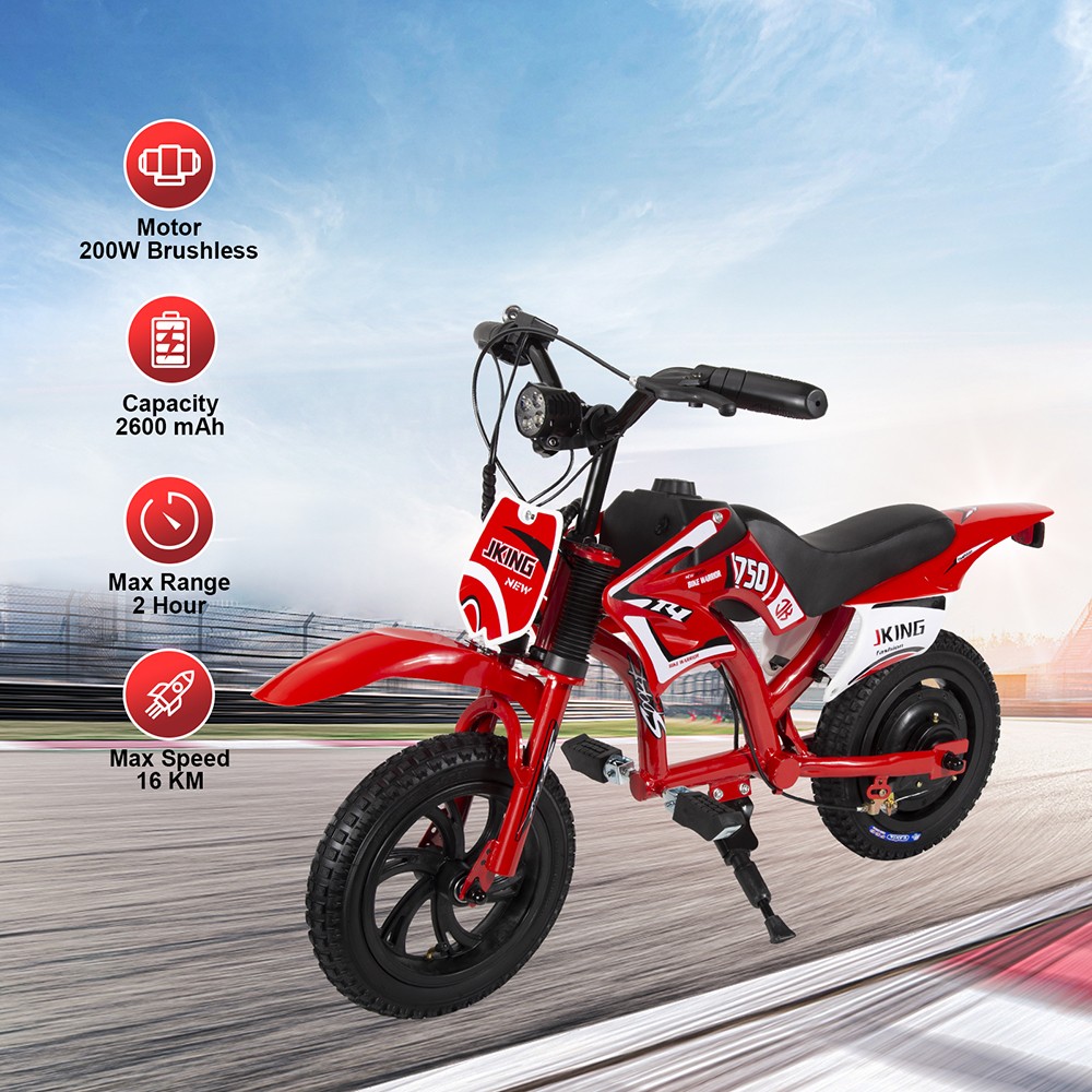 JKING C6 Elektrická motorka pre deti, 200W motor, 2600mAh nabíjateľná batéria, 12 palcové pneumatiky, max. rýchlosť 16 km/h, 2 hodiny výdrže, dojazd 12 km - červená