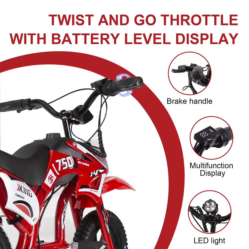 JKING C6 Elektrická motorka pre deti, 200W motor, 2600mAh nabíjateľná batéria, 12-palcové pneumatiky, max. rýchlosť 16 km/h, 2 hodiny výdrže, dojazd 12 km - červená