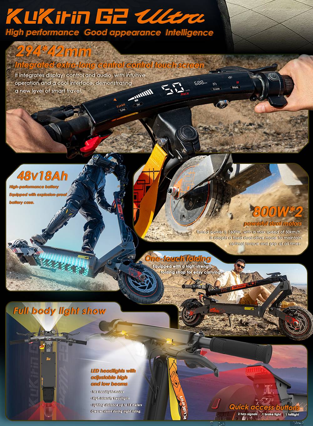KuKirin G2 Ultra Folding Electric Scooter, 800W*2 motor, 48V 18Ah batéria, 10 palcové pneumatiky, max. rýchlosť 50 km/h, max. dojazd 55 km, predné a zadné kotúčové brzdy, predné a zadné pružinové tlmiče