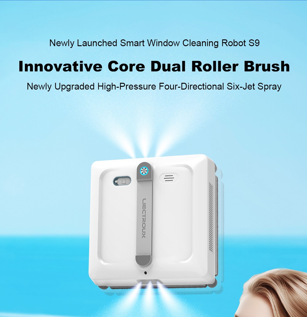 Liectroux S9 Window Cleaning Robot, Dual Roller Brushes, 6-way Water Spray, 9000Pa Suction, Remote and App Control