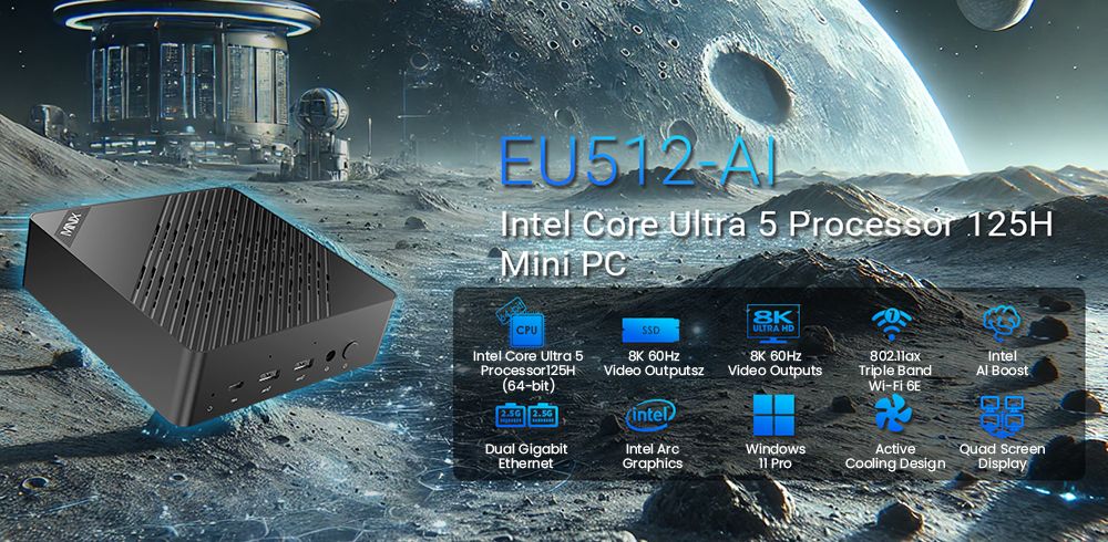 MINIX Elite EU512-AI Mini PC, Intel Core Ultra 5-125H 16 jadier max. 4,8 GHz, 16 GB DDR5 RAM 512 GB SSD, HDMI + DP + Thunderbolt 4 + Type-C Quad 4K 60Hz Display, WiFi 6E Bluetooth 5.3, 2*2,5G RJ45, 4*USB3.2, 1*Audio Jack - EU/US/UK Plug