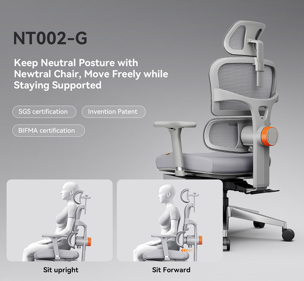 NEWTRAL NT002 Ergonomic Office Chair, 2D Headrest, 4D Armrest, 96&deg;-136&deg; Adjustable Recline Angle, Adjustable Seat Depth & Height, Retractable Leg Rest