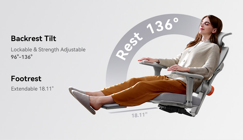 NEWTRAL NT002 Ergonomic Office Chair, 2D Headrest, 4D Armrest, 96&deg;-136&deg; Adjustable Recline Angle, Adjustable Seat Depth & Height, Retractable Leg Rest