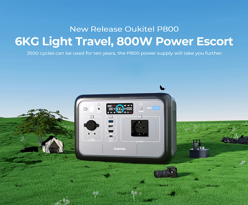 OULKITEL P800E Prenosná napájacia stanica, 512Wh 800W záložná batéria s rýchlym nabíjaním AC+DC, solárny generátor pre núdzové kempovanie v prírode