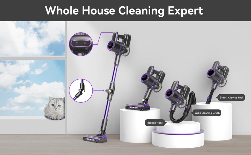 POWEART N700 Cordless Stick Vacuum, 30kPa Powerful Suction, 45min Runtime, LED Floor Brush