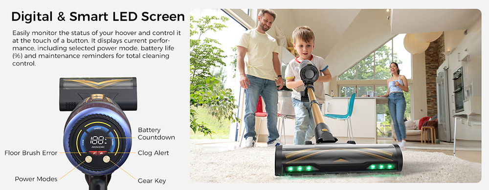 Proscenic P15 Cordless Stick Vacuum Cleaner, 50kPa 580W Powerful Suction, 70min Runtime, Anti-Tangle Brush, Green Light, 6 Layers Filter