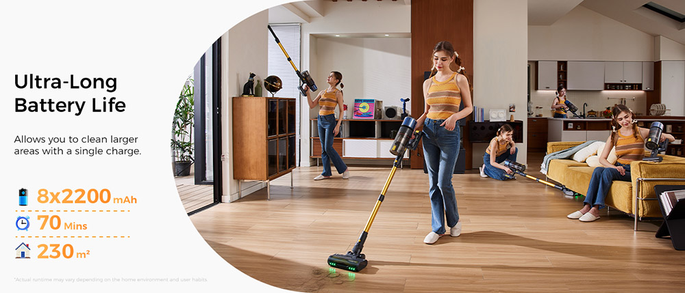 Proscenic P15 Cordless Stick Vacuum Cleaner, 50kPa 580W Powerful Suction, 70min Runtime, Anti-Tangle Brush, Green Light, 6 Layers Filter
