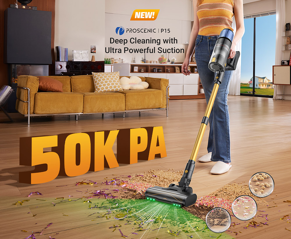 Proscenic P15 Cordless Stick Vacuum Cleaner, 50kPa 580W Powerful Suction, 70min Runtime, Anti-Tangle Brush, Green Light, 6 Layers Filter