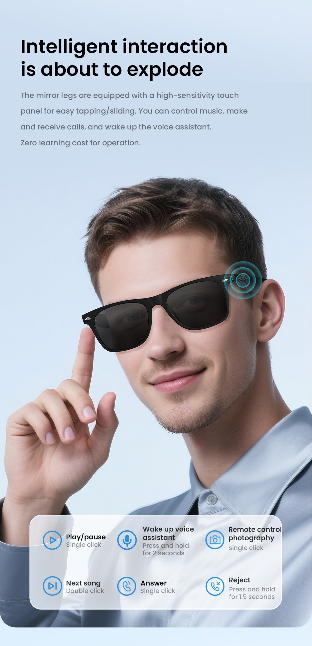 SENBONO A01 Smart Glasses, Music Control, Real-time translation, Intelligent Noise Reduction Calling, UV-blocking Lenses - White