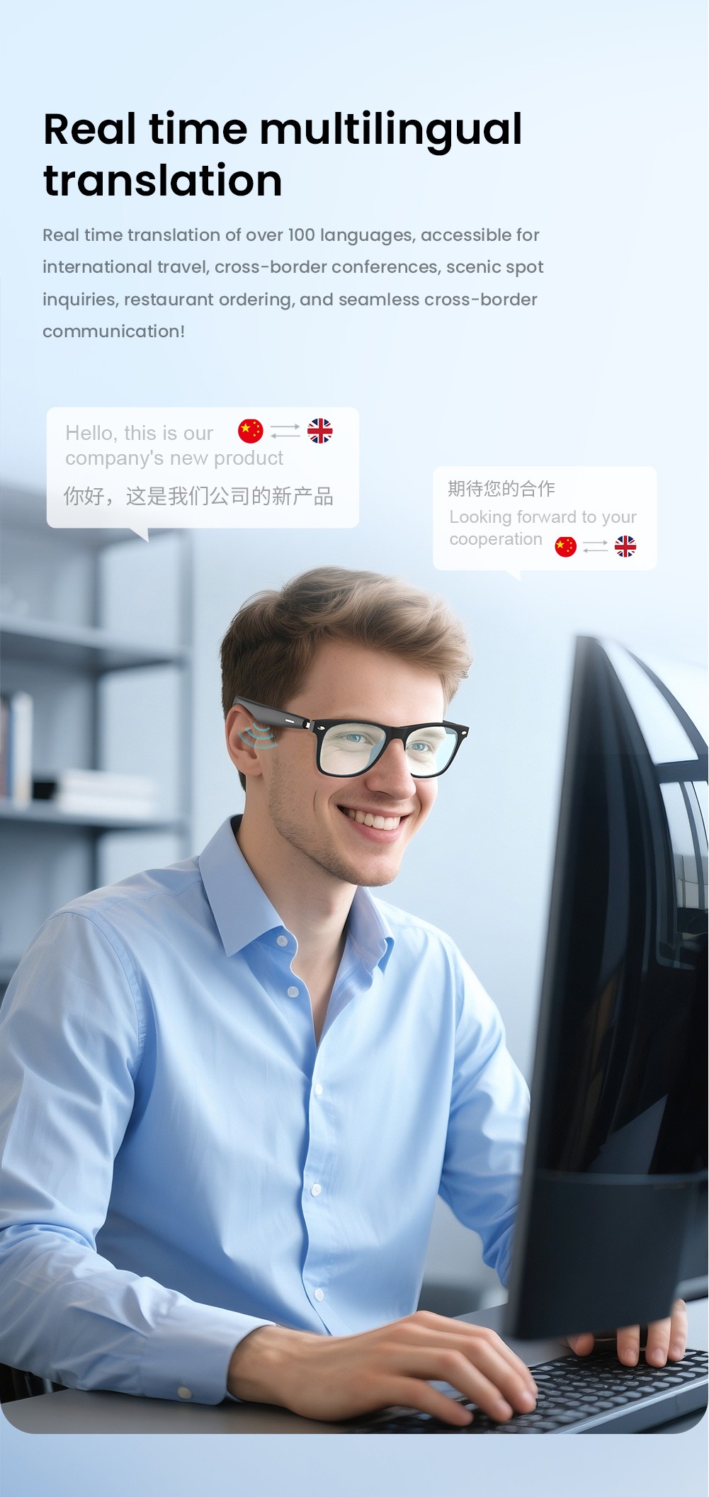 SENBONO A01 Smart Glasses, Music Control, Real-time translation, Intelligent Noise Reduction Calling, UV-blocking Lenses - White