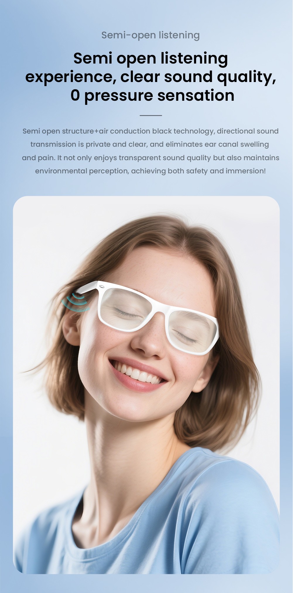 SENBONO A01 Smart Glasses, Music Control, Real-time translation, Intelligent Noise Reduction Calling, UV-blocking Lenses - White