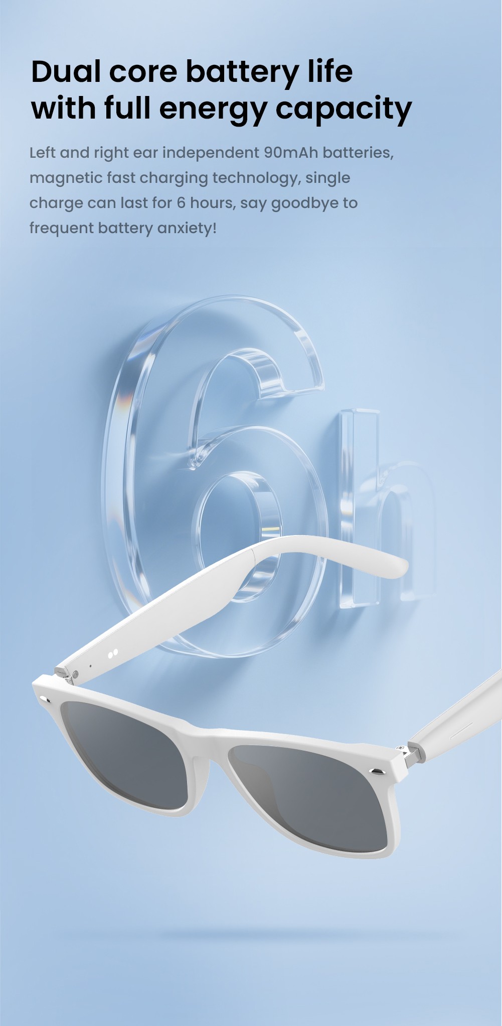 SENBONO A01 Smart Glasses, Music Control, Real-time translation, Intelligent Noise Reduction Calling, UV-blocking Lenses - White