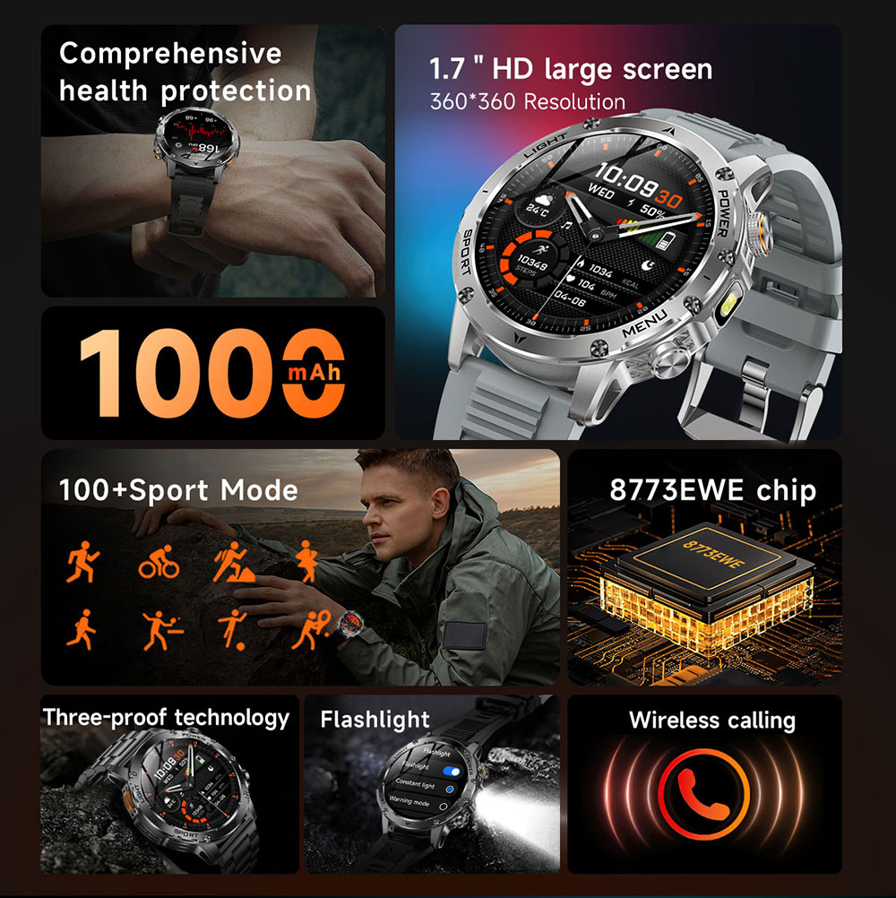 SENBONO AK87 Smartwatch, 1.7 inch Screen, Built-in Flashlight, 100+ Sports Modes, Health Management, Smart Voice Assistant, IP68 Waterproof - Black