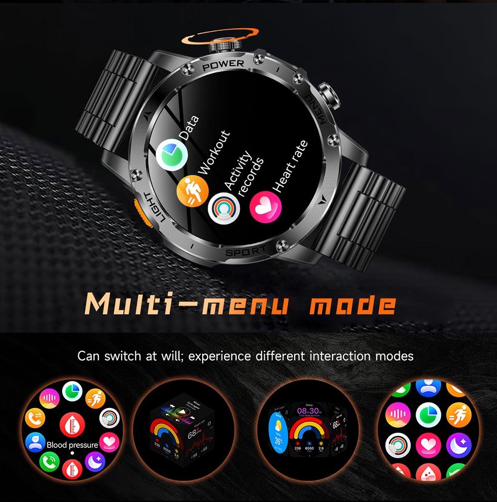 SENBONO AK87 Smartwatch, 1.7 inch Screen, Built-in Flashlight, 100+ Sports Modes, Health Management, Smart Voice Assistant, IP68 Waterproof - Black