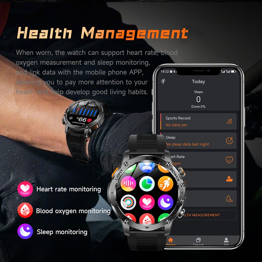 SENBONO AK87 Smartwatch, 1.7 inch Screen, Built-in Flashlight, 100+ Sports Modes, Health Management, Smart Voice Assistant, IP68 Waterproof - Black