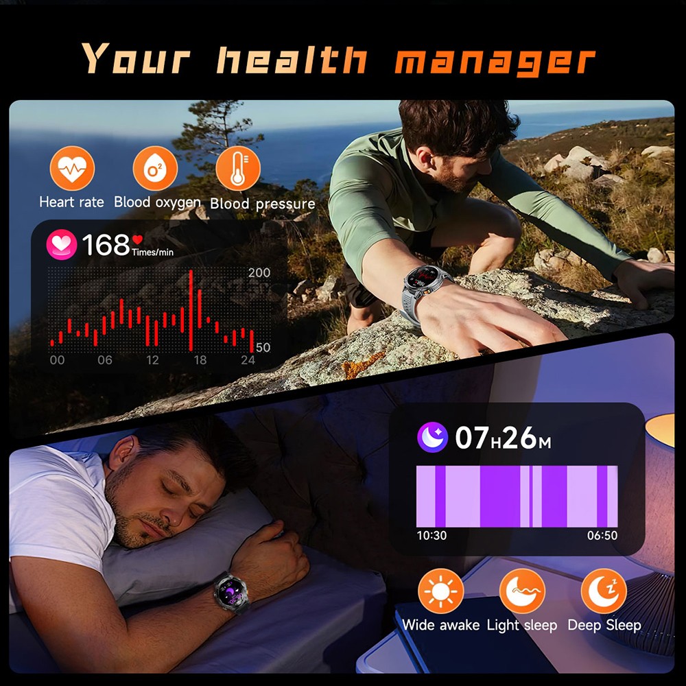 SENBONO AK87 Smartwatch, 1.7 inch Screen, Built-in Flashlight, 100+ Sports Modes, Health Management, Smart Voice Assistant, IP68 Waterproof - Black