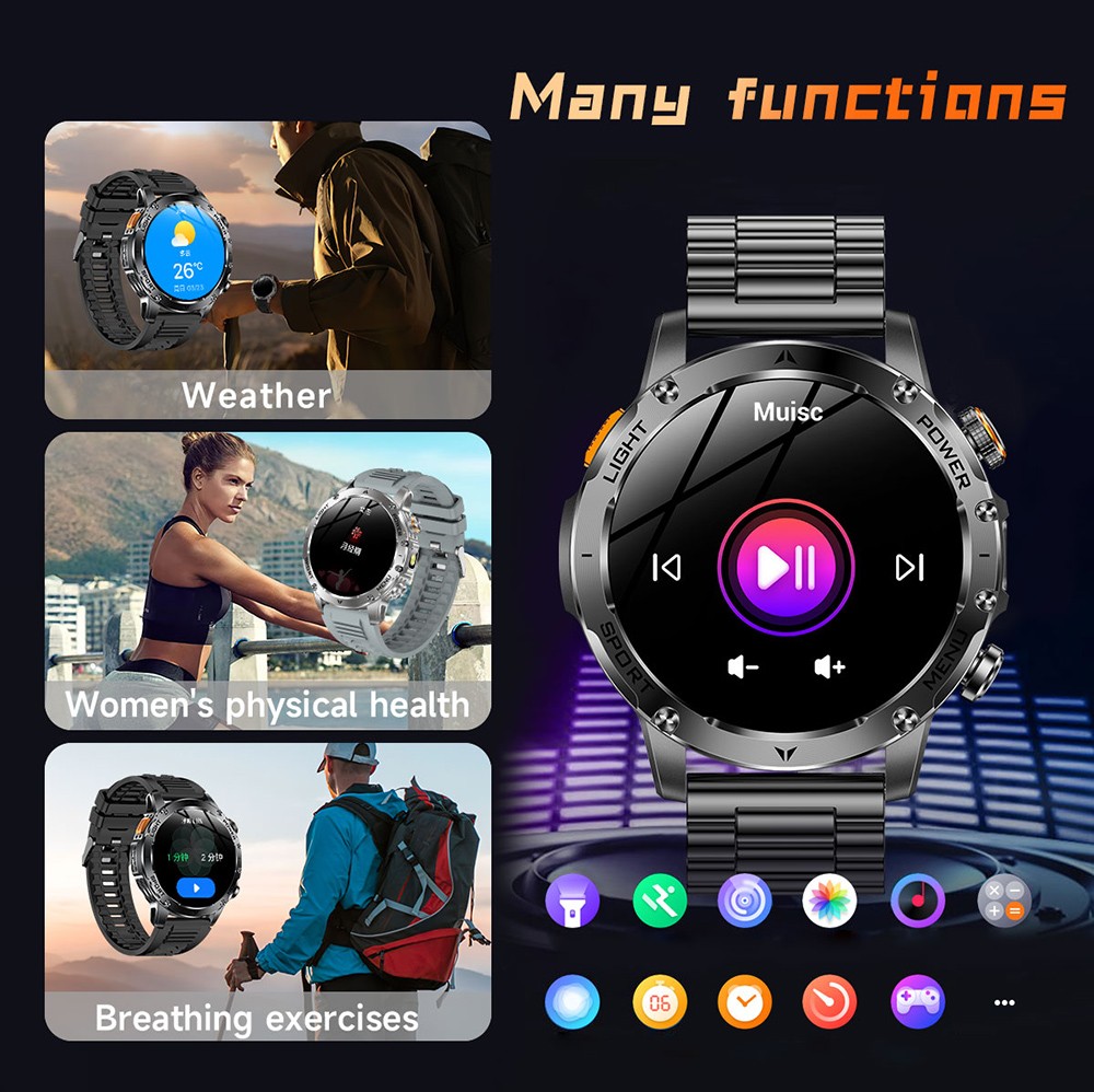 SENBONO AK87 Smartwatch, 1.7 inch Screen, Built-in Flashlight, 100+ Sports Modes, Health Management, Smart Voice Assistant, IP68 Waterproof - Black