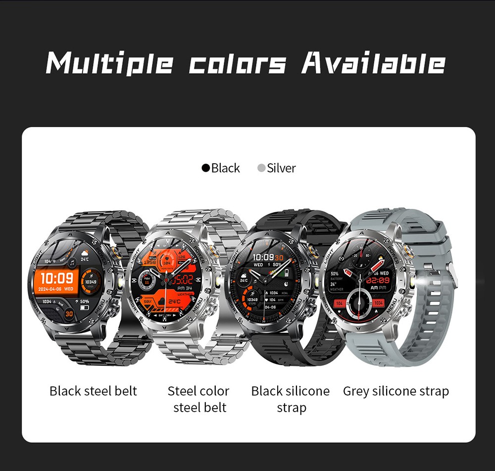 SENBONO AK87 Smartwatch, 1.7 inch Screen, Built-in Flashlight, 100+ Sports Modes, Health Management, Smart Voice Assistant, IP68 Waterproof - Black